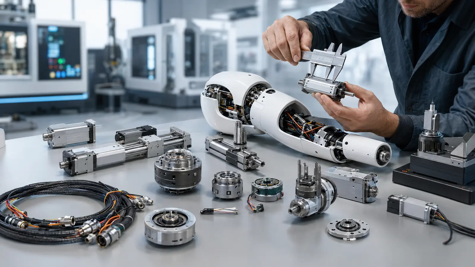 MetaCore LAB inžinierius tikrina modulinius aktuatorius ir humanoido rankos mechaniką