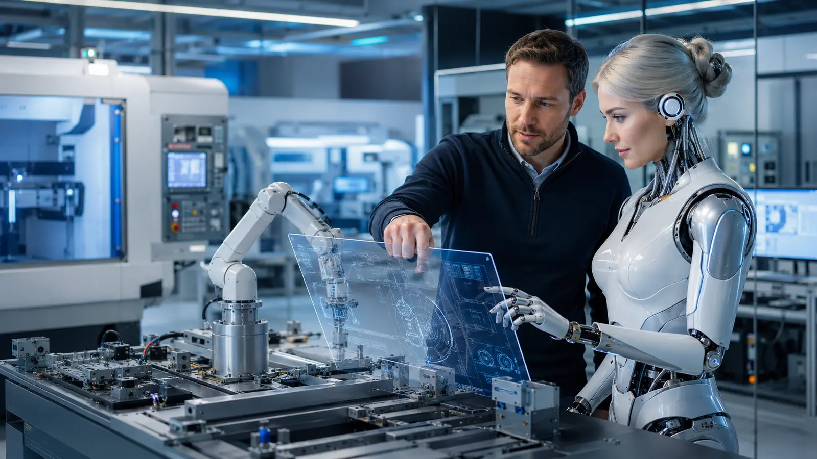 MetaCore AI ekspertas kartu su inžinieriumi analizuoja robotizuotą gamybos celę