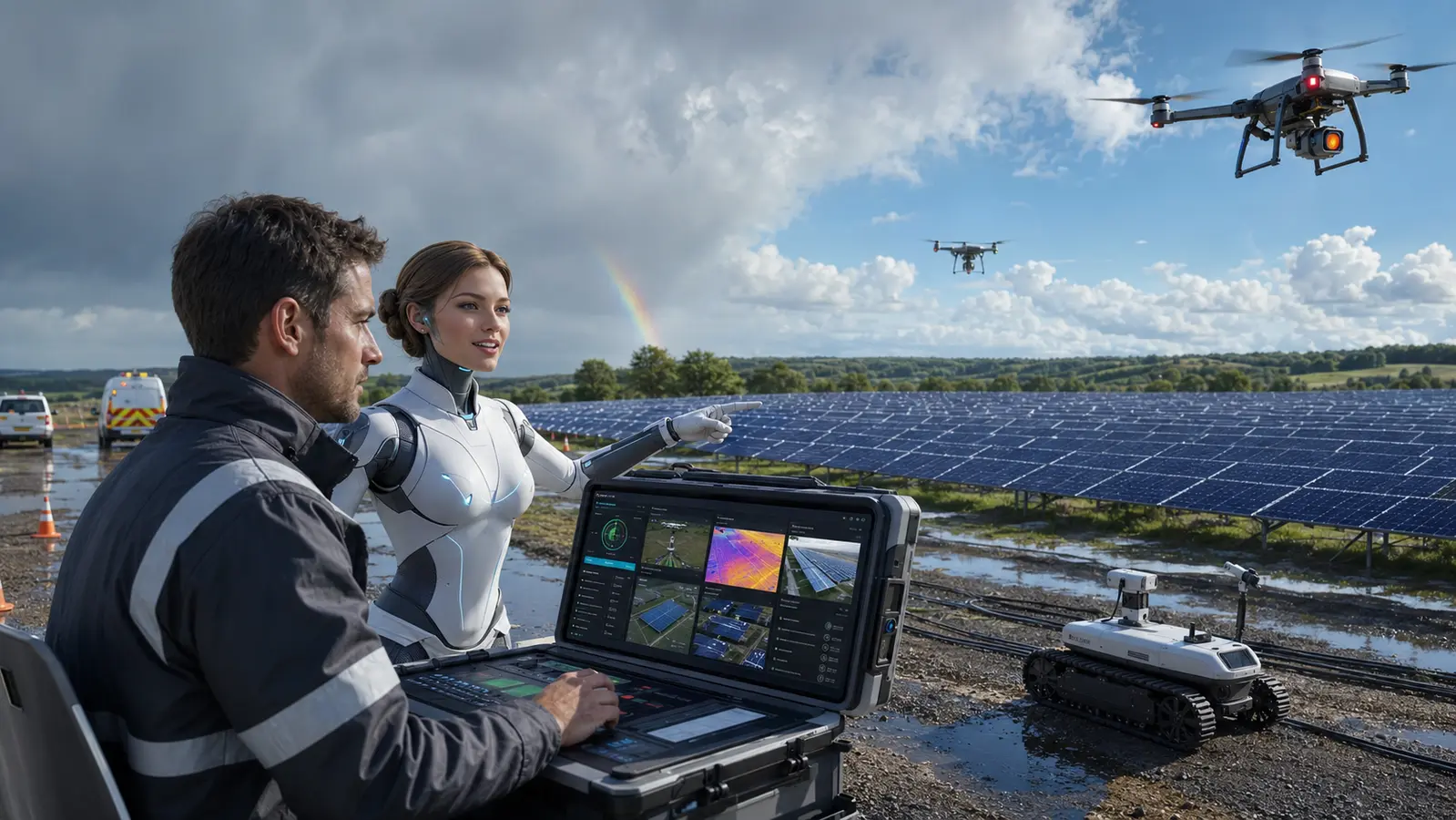 Žmogus ir draugiškas MetaCore AI ekspertas koordinuoja civilinių dronų bei žemės roboto infrastruktūros patikrą