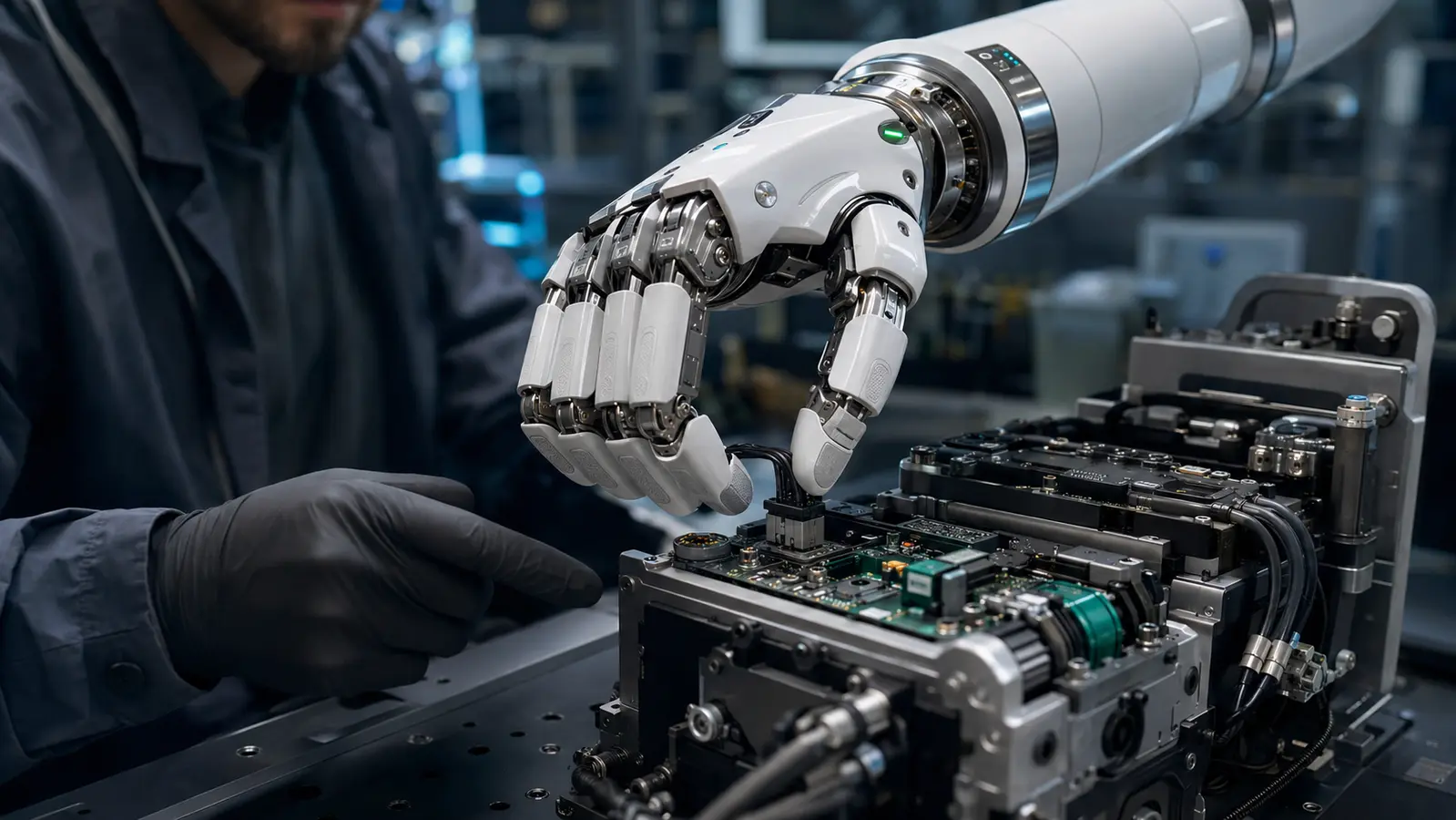 Precizinė robotinė ranka su inžinieriumi atlieka elektroninio modulio surinkimą