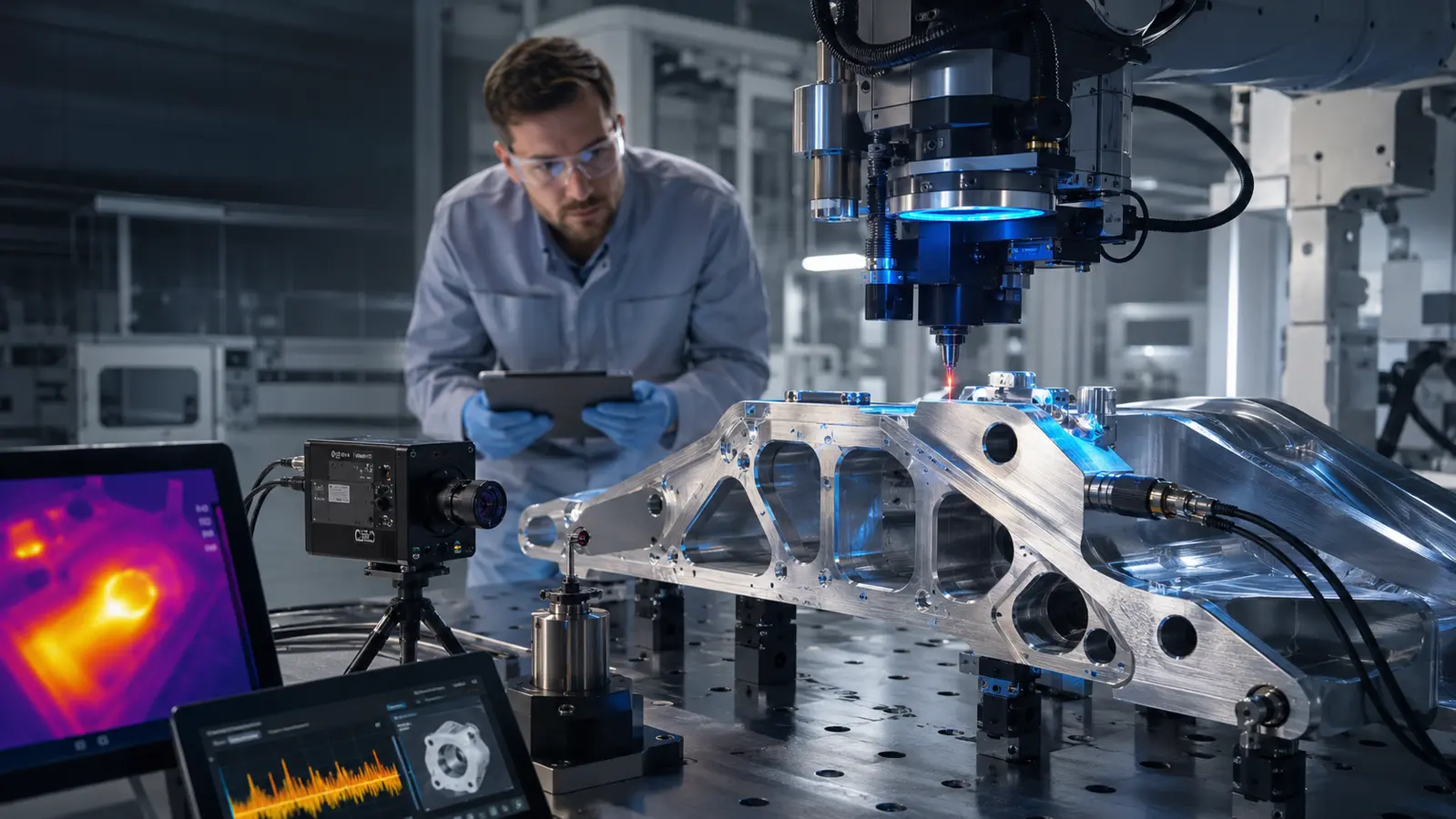 MetaCore inžinierius tiria robotikos komponento medžiagos būseną terminiais ir metrologiniais sensoriais