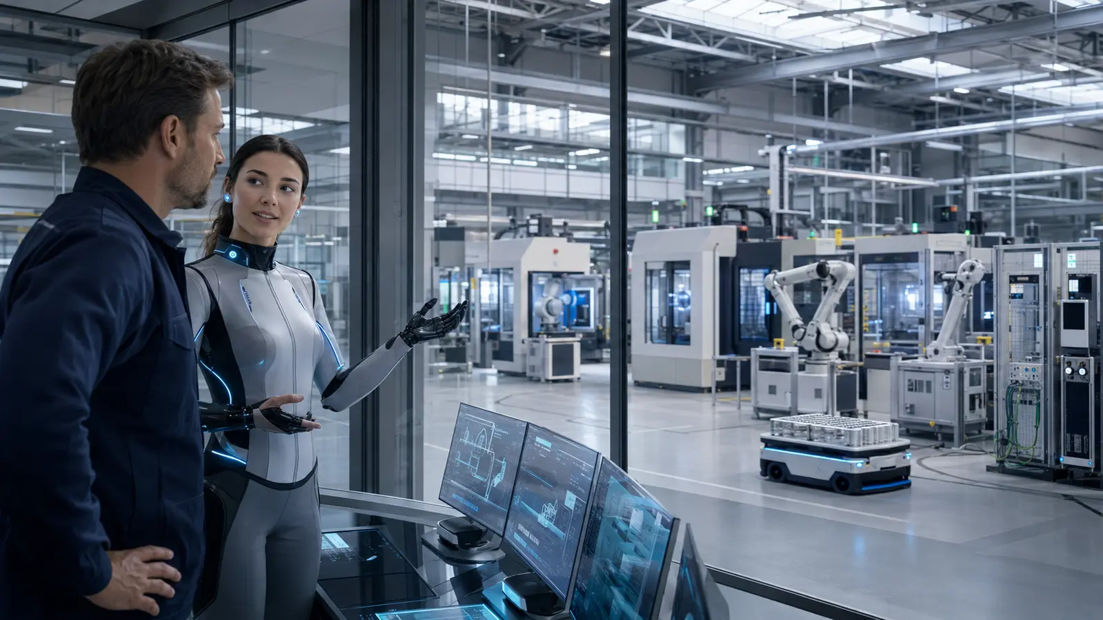 Žmogus ir draugiškas MetaCore AI ekspertas valdo integruotą CNC, robotų ir PLC gamybos sistemą