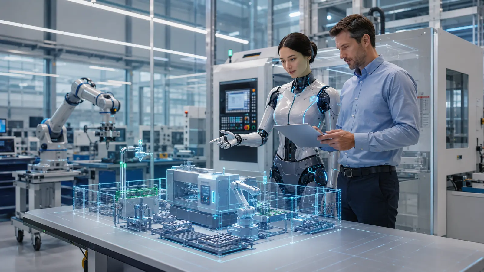 MetaCore AI ekspertas ir inžinierius validuoja robotinės CNC darbo ląstelės skaitmeninį dvynį prieš fizinį vykdymą