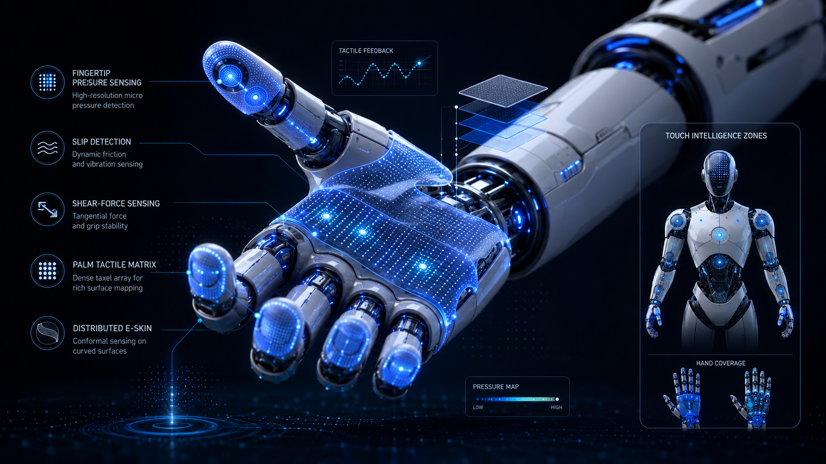 Humanoido robotinės rankos taktilinių pirštų, delno sensorinės matricos ir elektroninės odos technologijų vizualizacija