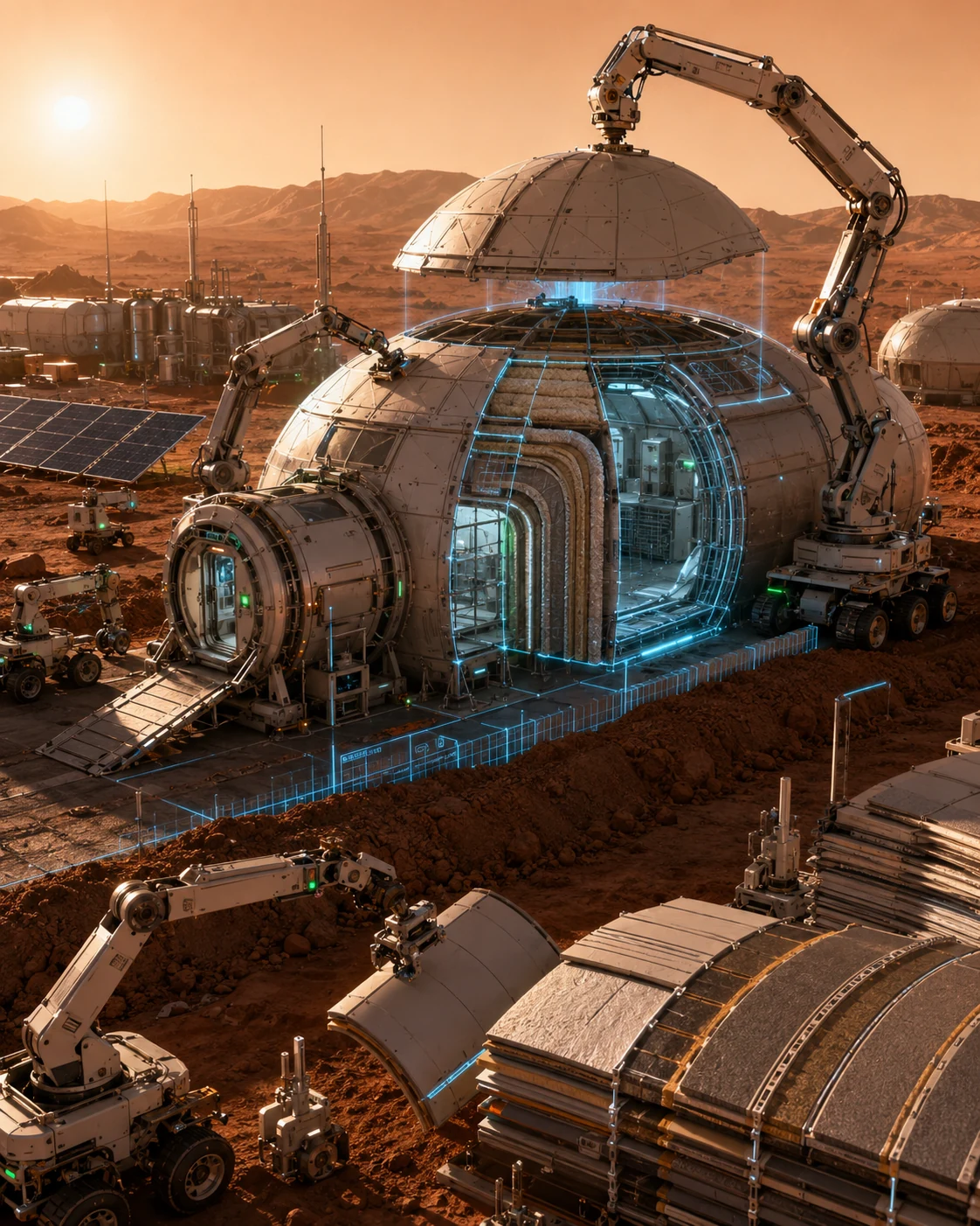 HABIBI modular Mars habitat assembly with robotic arms, layered material panels, airlock and support systems