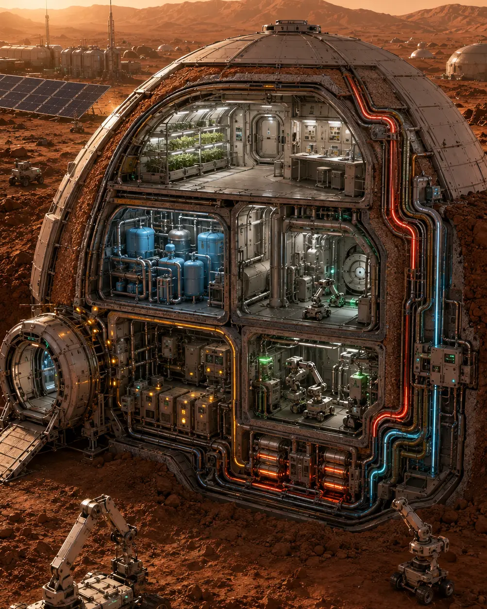 HABIBI habitat concept cutaway showing structure, pressure boundary, thermal protection, internal services and robotic maintenance access
