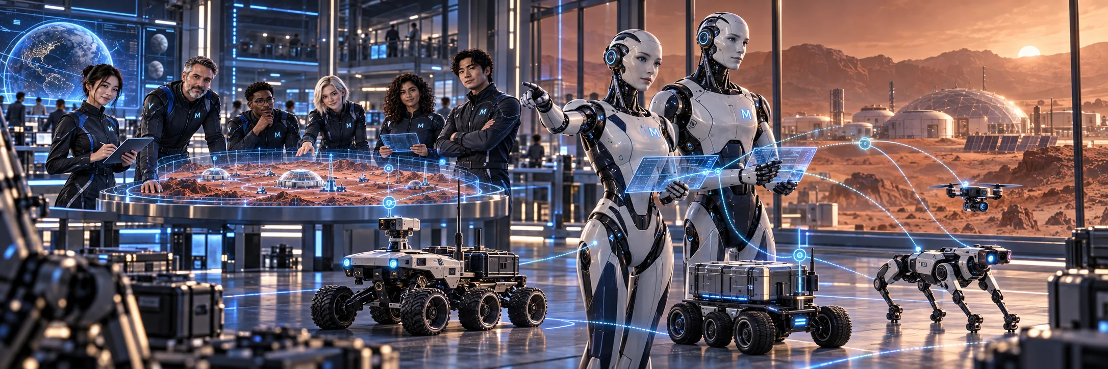 Concept visualization: six MetaCore AI personas in M suits review a Mars analog model while two humanoid robot coordinators direct a rover, cargo bot, inspection quadruped and drone inside an Earth-based mission lab.