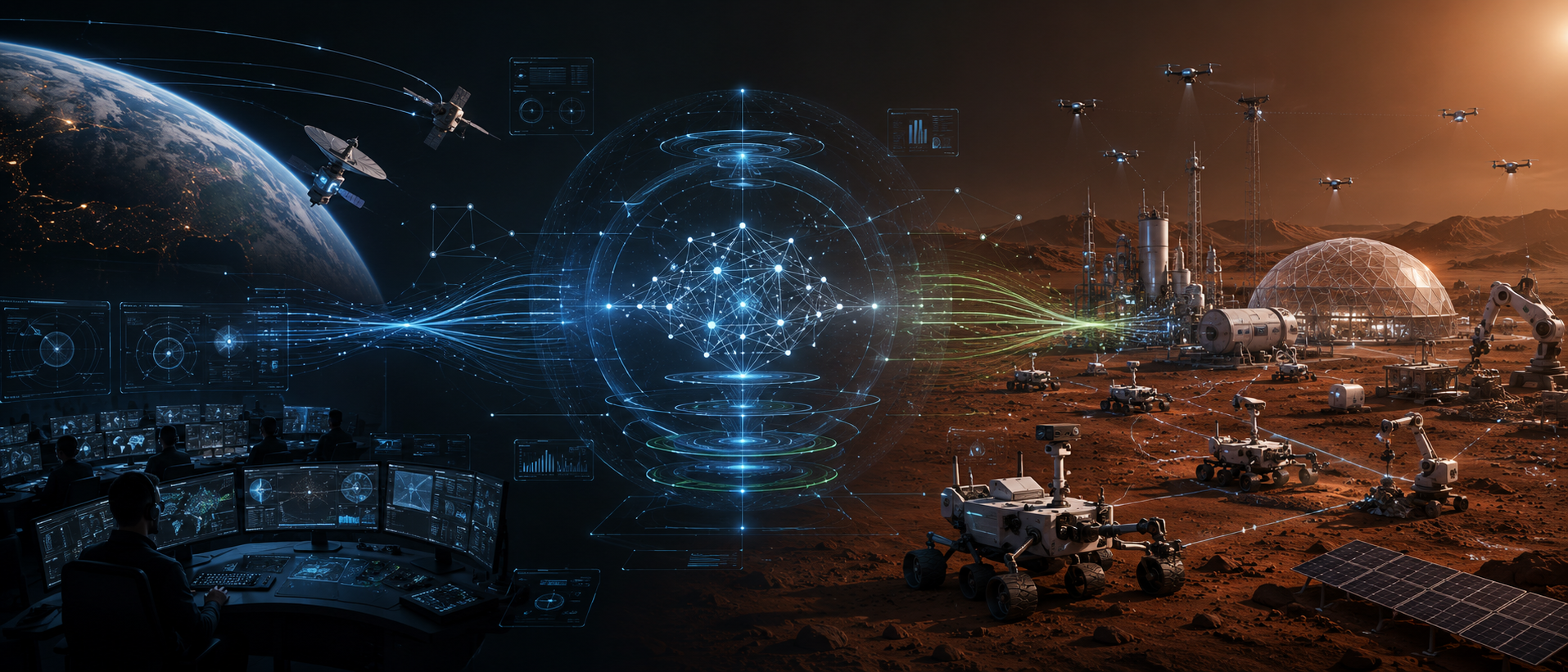 MarsNet system architecture flow: Earth and mission intent through MetaCore Field into robots, HABIBI habitats, ISRU, energy and life-support systems