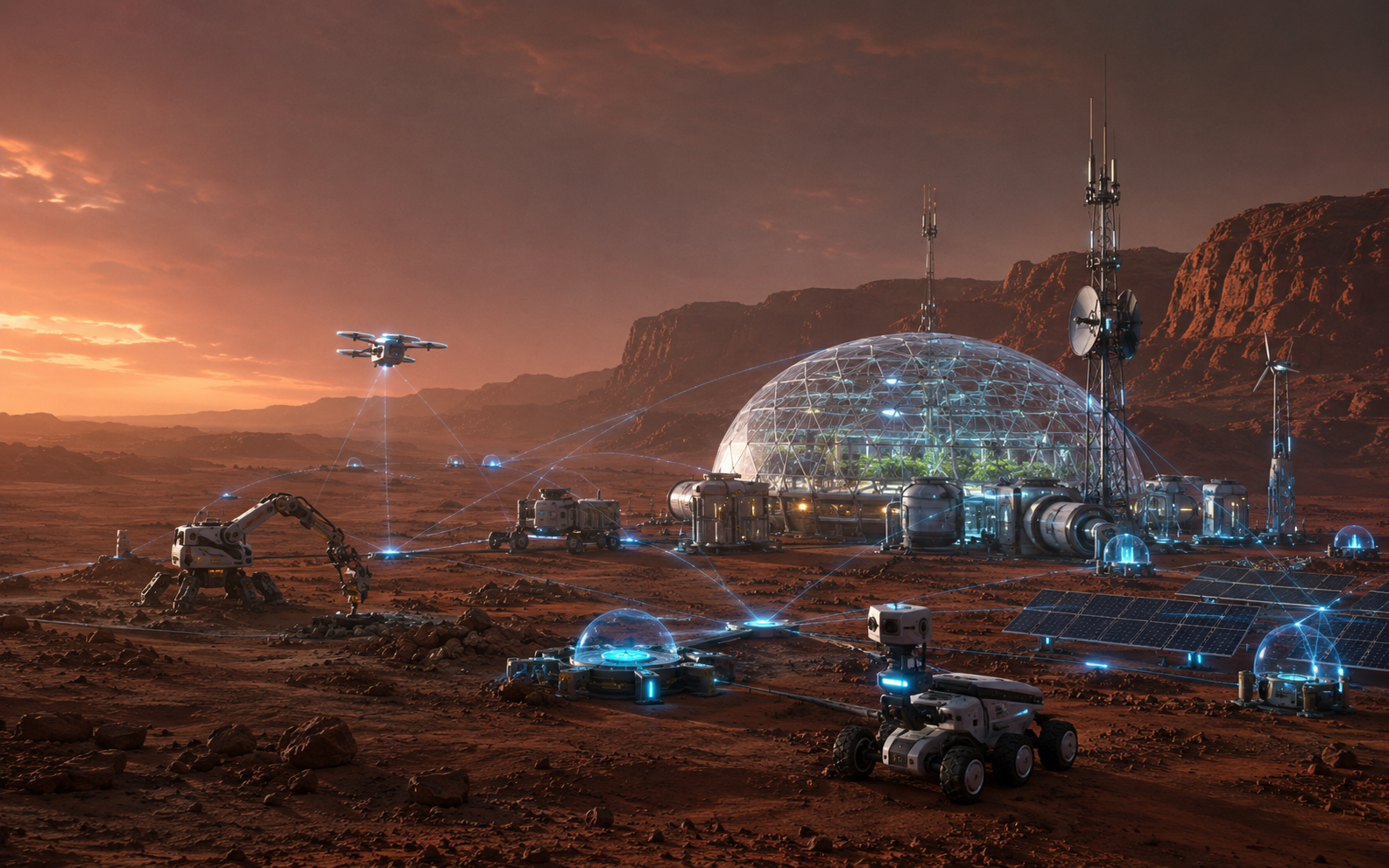 MarsNet robot-first Marso panorama: robotai, habitatas ir MetaCore Field