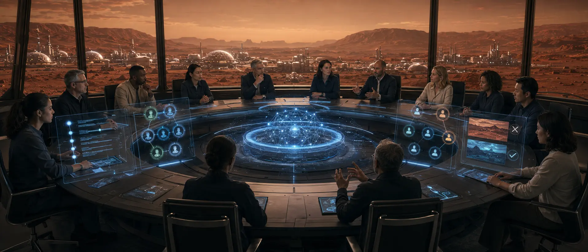 Mars colony human authority council with accountable decision governance and evidence review
