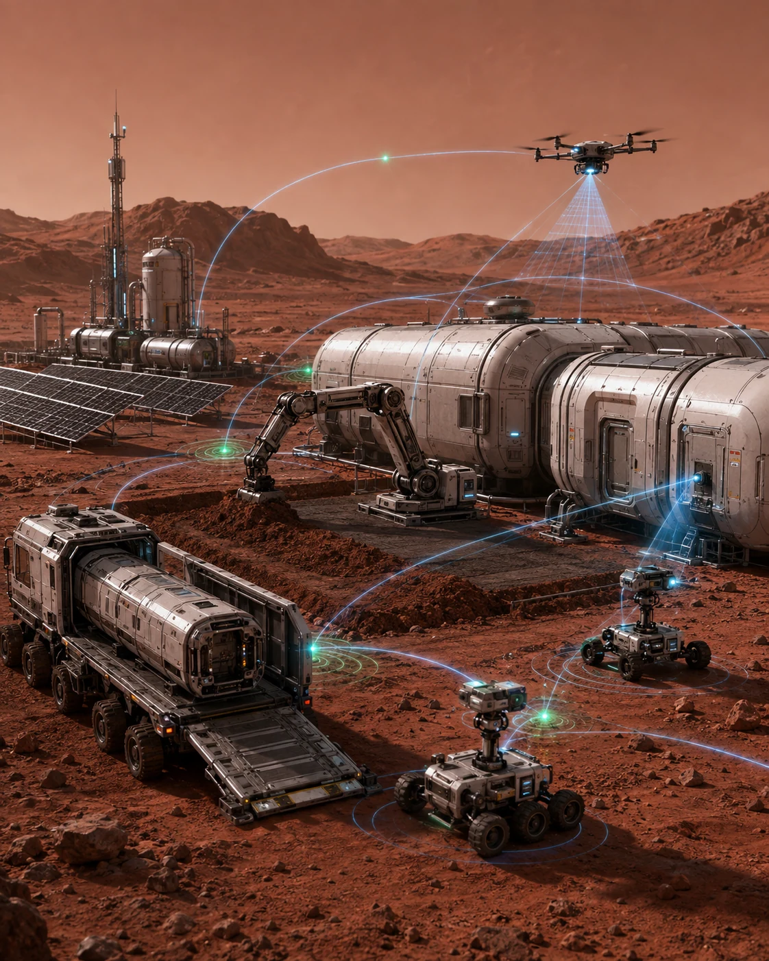MarsNet robot-first operations with autonomous robots coordinating habitat modules, energy, inspection and ISRU systems on the Martian surface